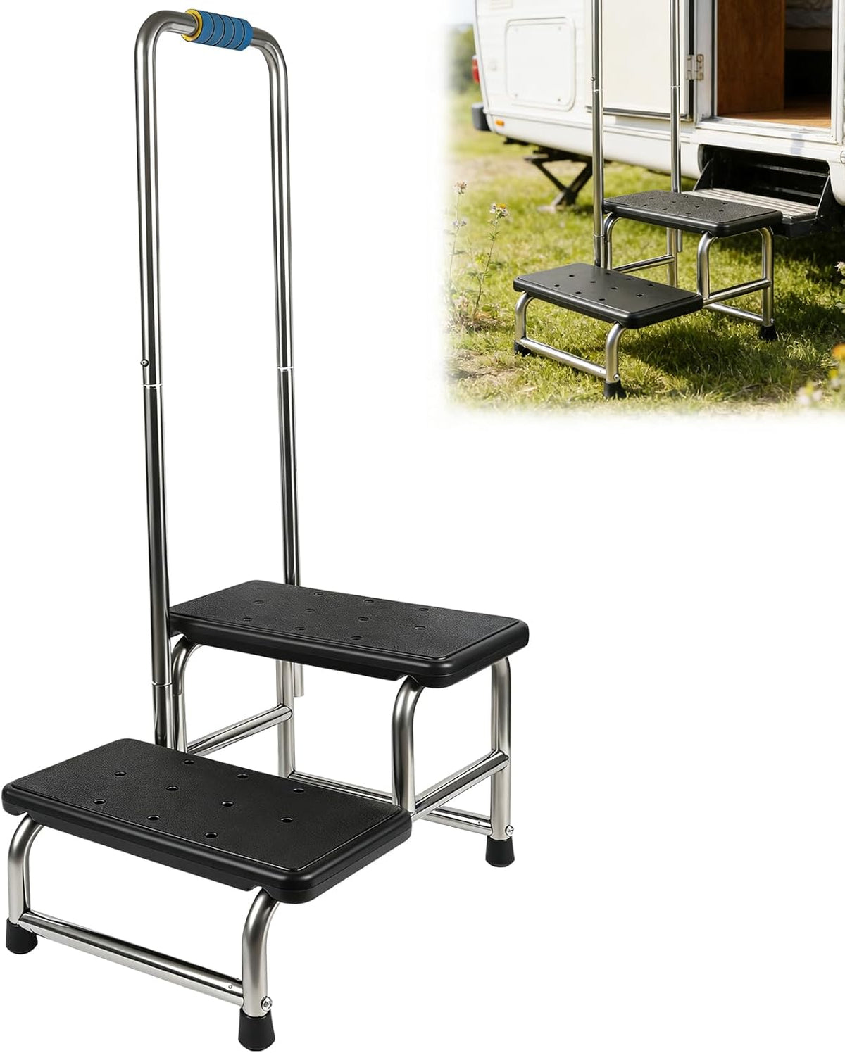 Opstapkruk met handgreep, treeplank voor campers met antislip platform en rubberen voetjes, voor senioren/huisdieren, voor badkamer/keuken/camper