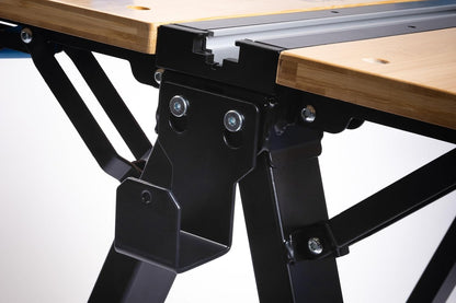 HÖGERT TECHNIK Opvouwbare werkplaatstafel 700 x 650 x 915 mm met bamboeplaat, 5-voudig in hoogte verstelbaar, 450 kg draagkracht, boringen, verbindingsstukken en spanklemmen