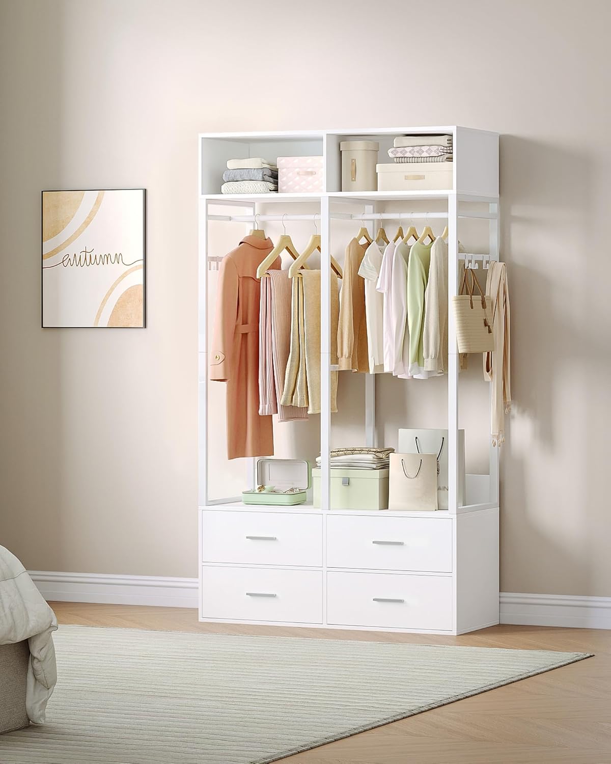 Hzuaneri Wardrobe,Open wardrobe,With 4 wooden drawers,Top storage compartment,Ironwood,Modern style,Suitable for bedrooms and dressing rooms, 39.4 x 16.9 x 72.8 inch, White BW06603W