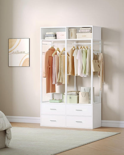Hzuaneri Wardrobe,Open wardrobe,With 4 wooden drawers,Top storage compartment,Ironwood,Modern style,Suitable for bedrooms and dressing rooms, 39.4 x 16.9 x 72.8 inch, White BW06603W