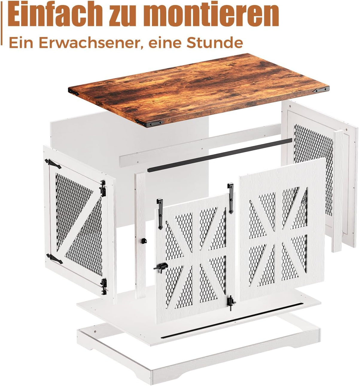 Hondenbench, 109 cm, hondenkooi voor thuisgebruik, dubbel deurdesign, boerderijstijl, hondenbench, wit