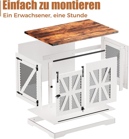 Hondenbench, 109 cm, hondenkooi voor thuisgebruik, dubbel deurdesign, boerderijstijl, hondenbench, wit