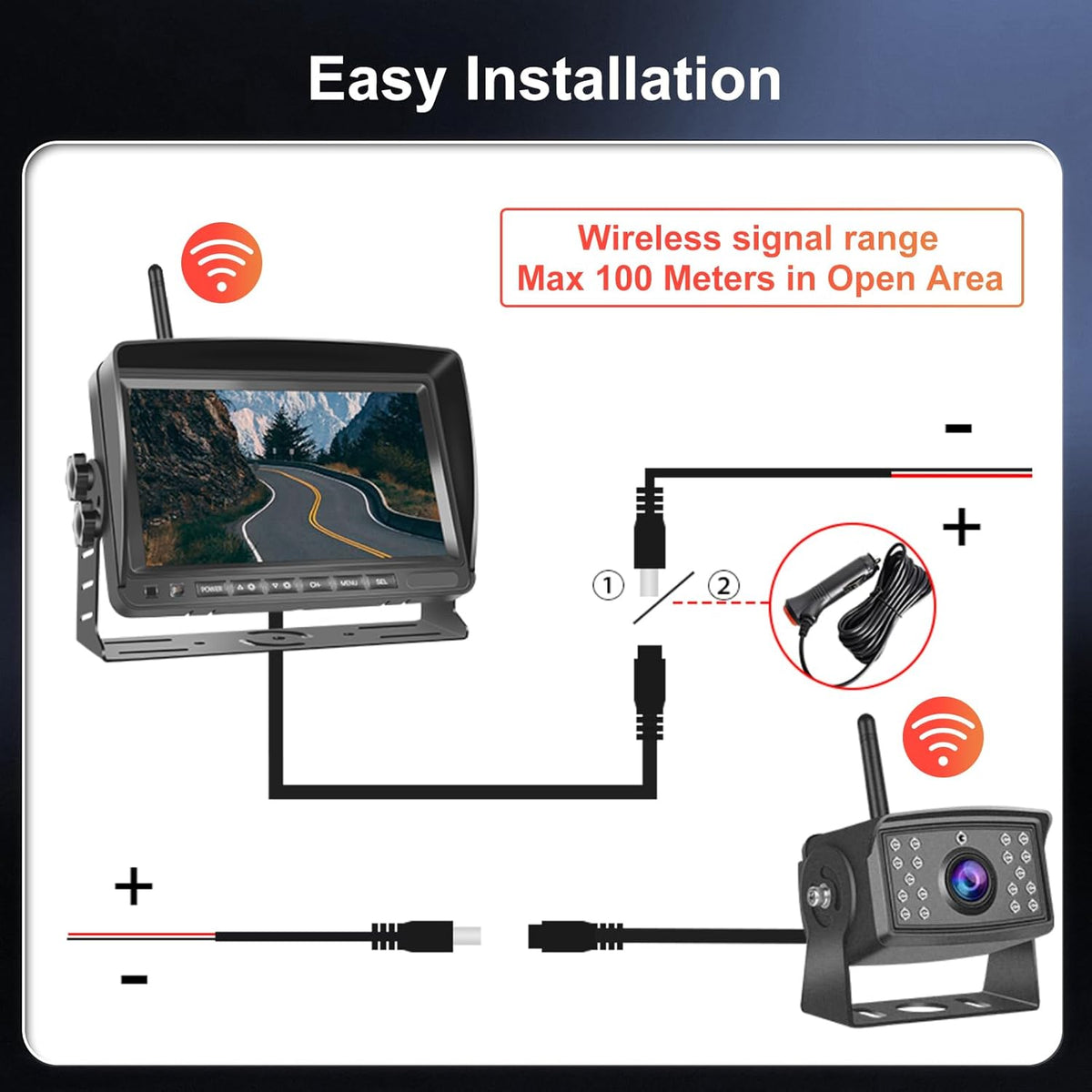 Hodozzy Digital Wireless Rear Camera 7 Inch IPS Monitor Kit AHD Rear View Camera Waterproof Night Vision Video Recording Wireless Car Rear View Camera 12V-36V - QUORE