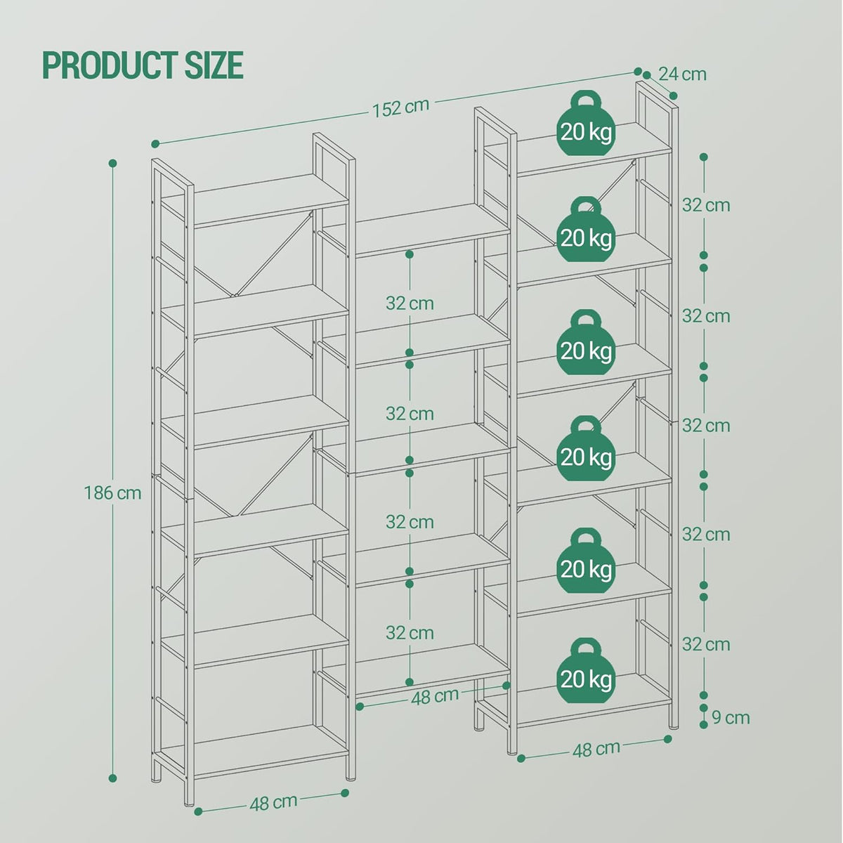 Hzuaneri Bookshelves, Freestanding Shelves, 17 Shelves, 6 Layers, Adjustable Spacing, 24 x 152 x 186 cm, Load Capacity 340 kg, Living Room, Office White Oak and White BC10116W