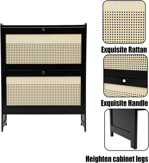 Shoe cabinet - Shoe rack - Portable - 4-tier - Freestanding shoe rack - with 2 folding drawers - Narrow shoe cabinet - Black