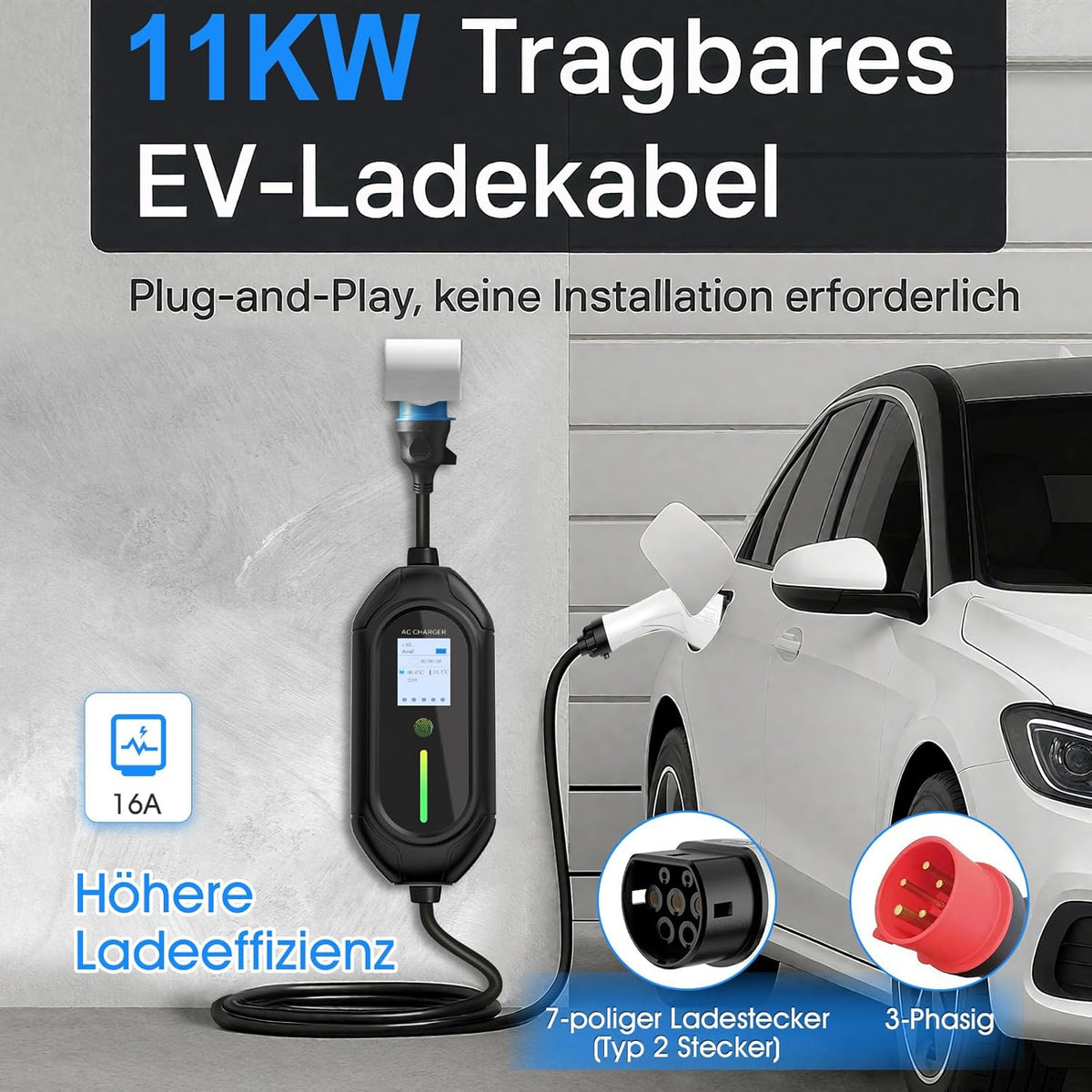 Mobiel Laadstation Elektrische Auto – EV Oplader – Laadpaal – Elektrische Autolader – 7-polige Stekker – 11 kW Snel Opladen – Driefasige 16 A 380 V