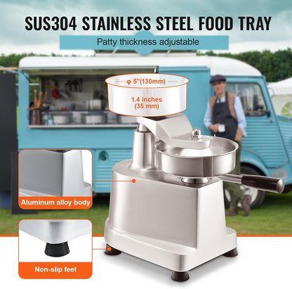 Hamburgerpattymaker – Hamburgerpers – Burgerpers – Hamburgermaker – Vleespers – 130 Mm / 5 Inch – Handmatig Hefboomontwerp, ≥100 Patties Per Uur – SUS304 Rvs Voedselbak