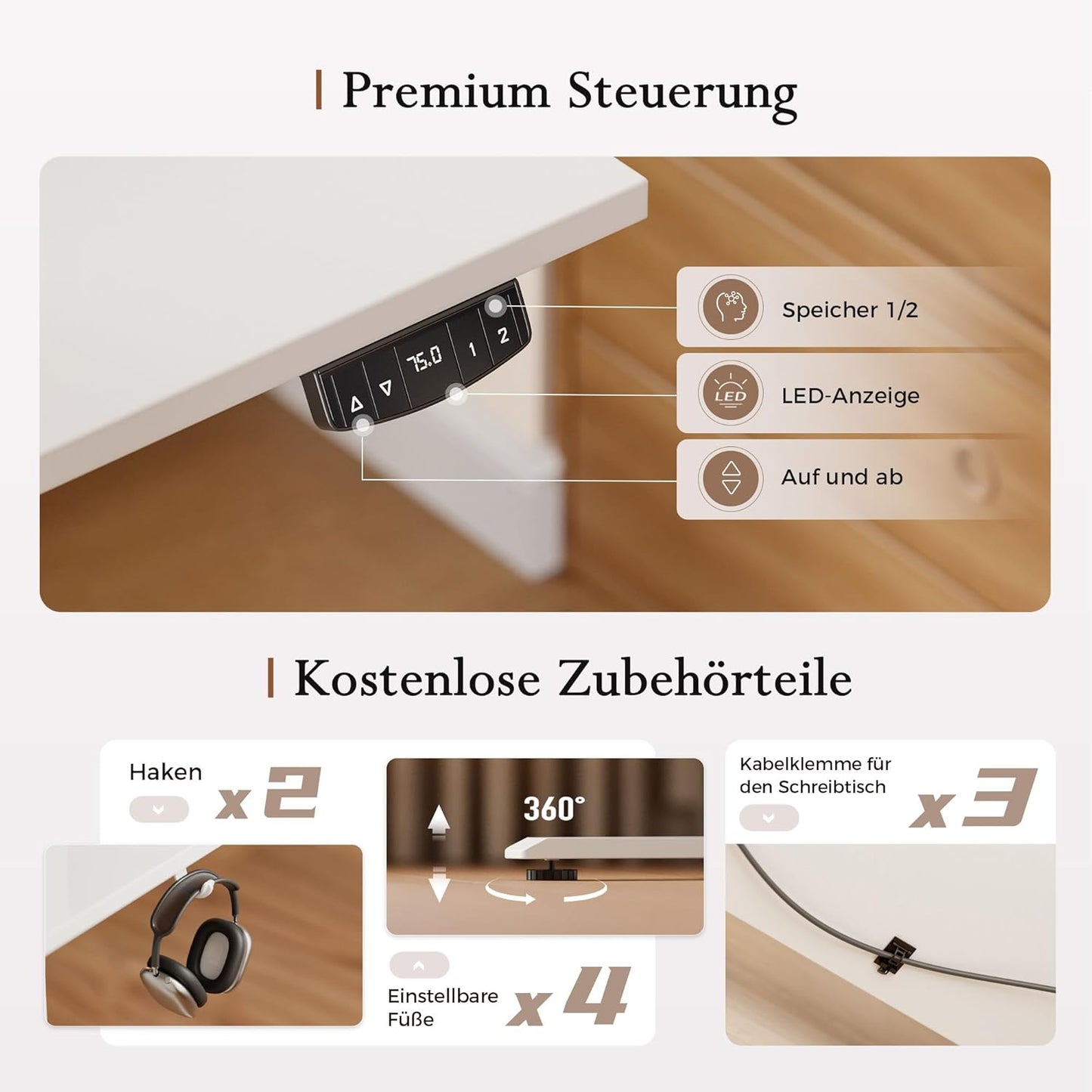 Klicelor In hoogte verstelbaar bureau met beweegbare monitorstandaard, 140x60cm, Zit-Sta bureaux met 2 geheugenknoppen, 3-delige tafelblad, Computertafel, Wit