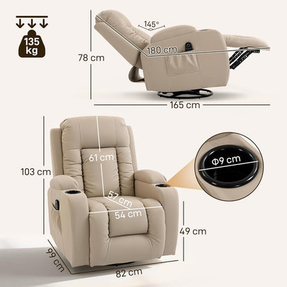 HOMCOM Massagestoel TV-stoel Relaxstoel met warmtefunctie, ligstoel met afstandsbediening, bekerhouder, crèmewit 85 x 94 x 104 cm