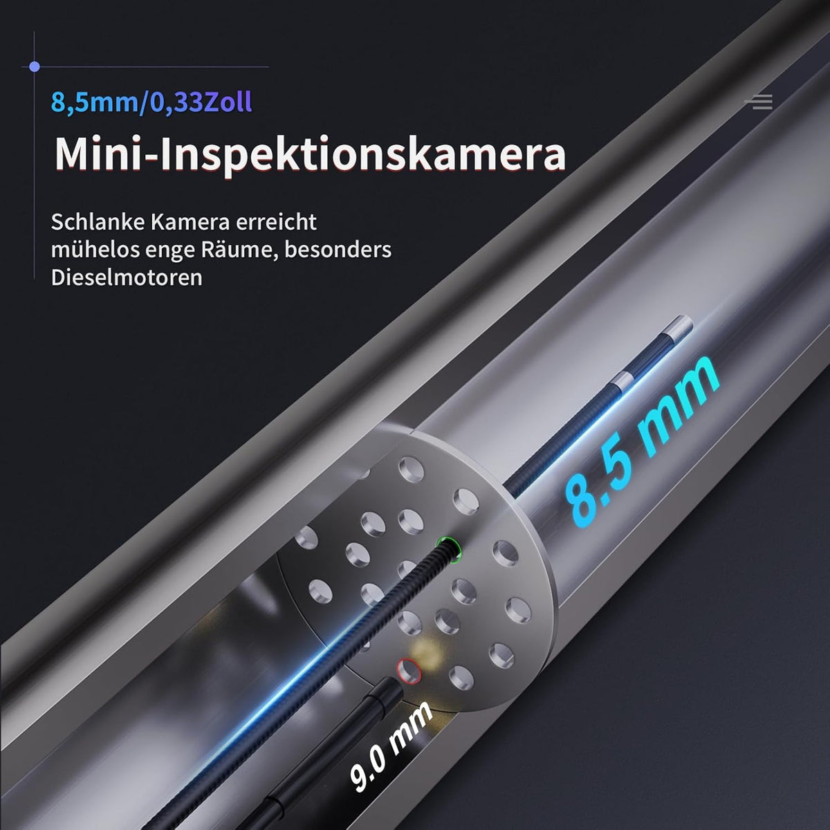 Ralcam Endoscoopcamera met licht, endoscoop, 8,5 mm, inspectiecamera, 3,5 inch, HD, 1080P, buiscamera, camera's met 8 leds, IP67 waterdicht, 3 m halfharde kabel, telescopische camera, autogereedschap