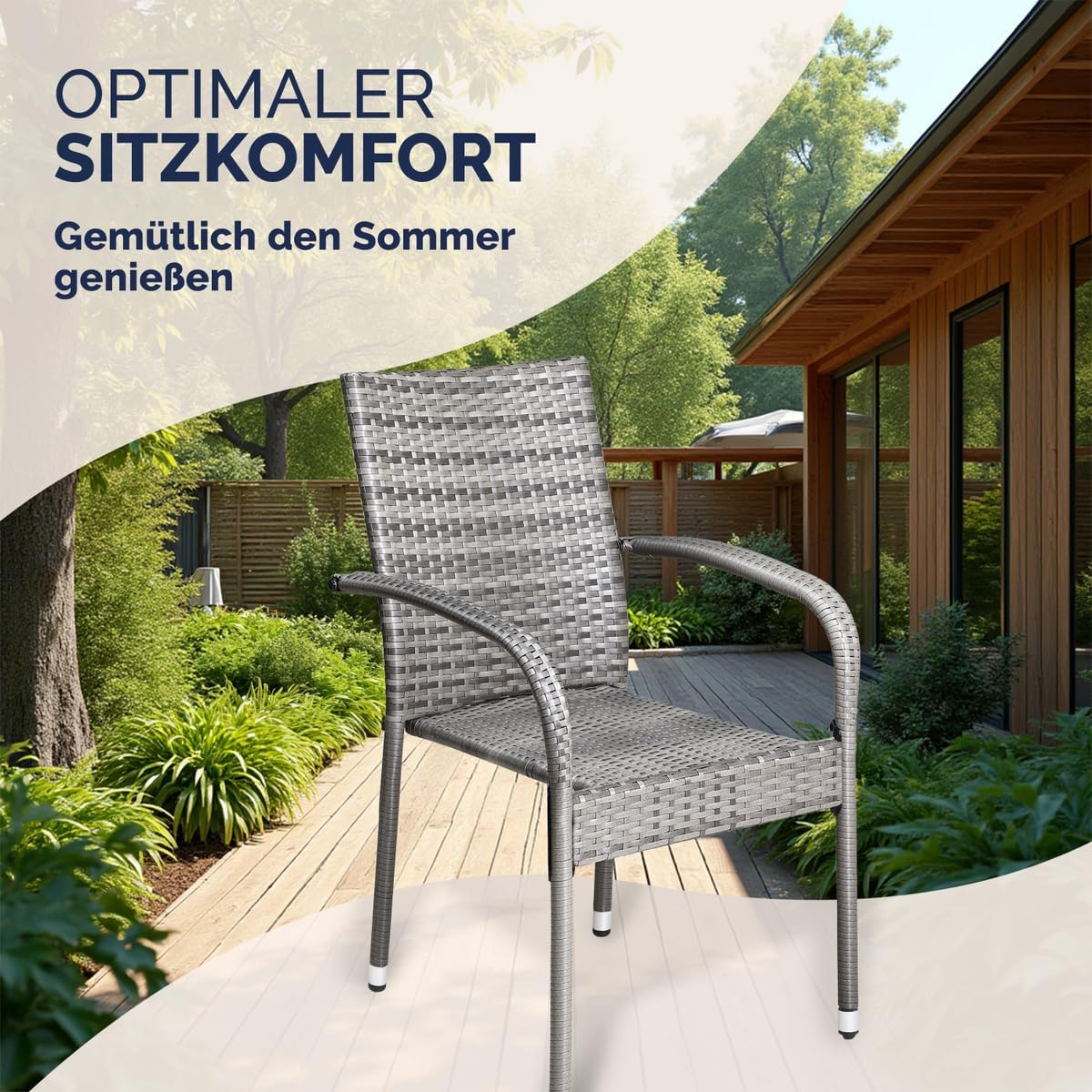 CASARIA® Set of 4 Polyrotin Stackable Outdoor Chairs with Armrests | Stackable, Weatherproof Outdoor Chairs with Armrests | Load Capacity of 160 kg | For Camping, Patio, Balcony - QUORE
