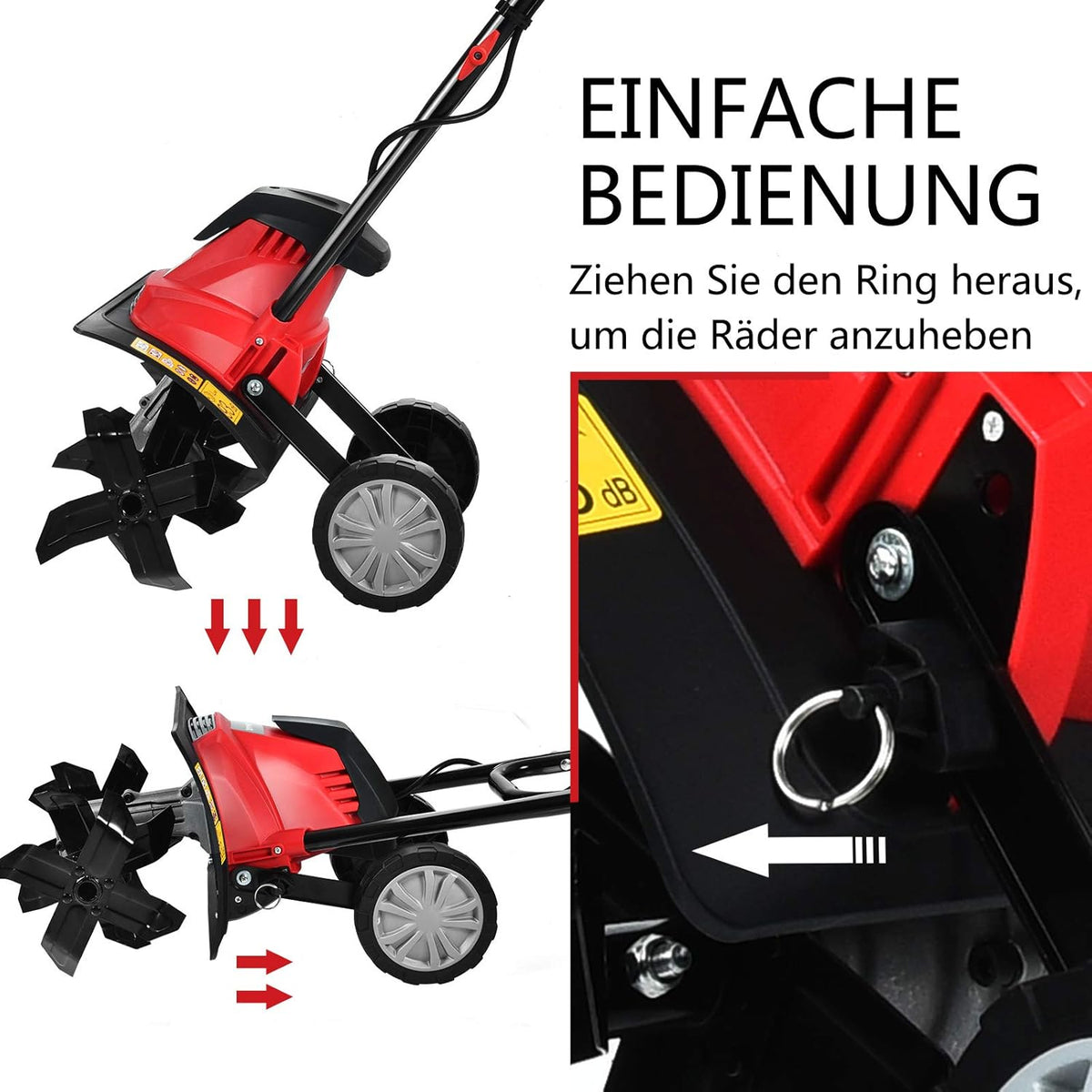 FANTASK 1200 W elektrische grondhak rood, tuin motorhak elektrisch met veiligheidsschakelaar, vloerfrees tuinfrees tuinhak 22 cm werkdiepte en 35 cm werkbreedte
