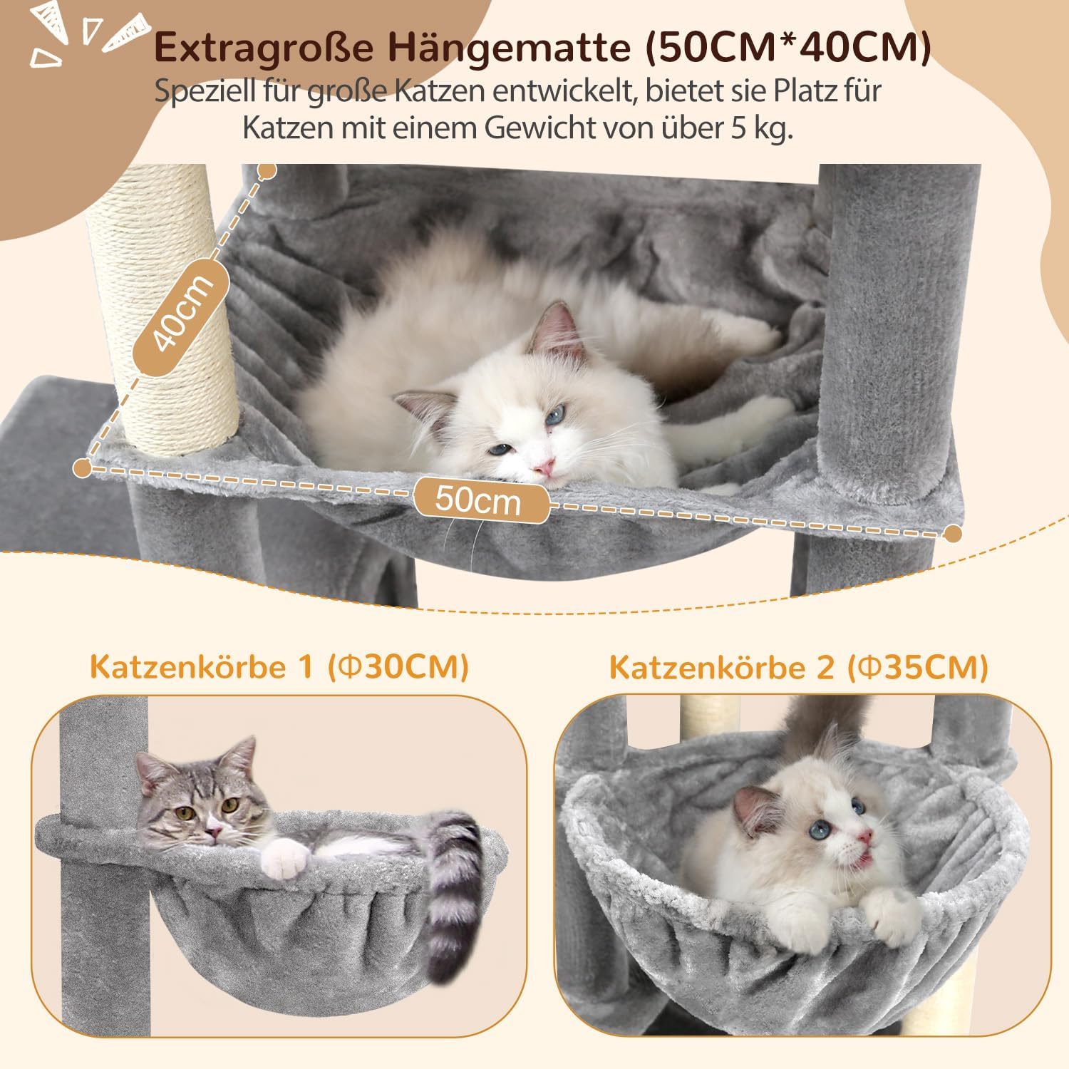 Globlazer cat tree xxl 194cm high with 2 Large Cat House, Hammock 50 * 40CM, Platform Lined Large, 2 Basket, Seat Rod, Huge Scratching Post for 3-5 Large Cats Rest Play Indoor (S76B, Light grey) - QUORE