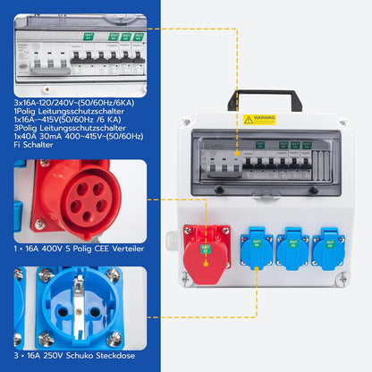 Bouwstroomverdeler met wifi-schakelaar type A, 40 A, 30 mA RCBO wandverdeler met CEE-stopcontact, 16 A, waterdicht, met handgreep voor verdeelkast (3 x 16 A 1P LS+1 x 16 A, 3P LS+ FI/LS met