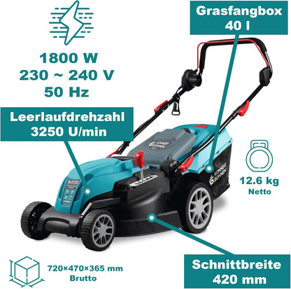 K&S Könner & Söhnen KS 42LM Elektrische grasmaaier, 1800 W, 420 mm maaibreedte, 25-80 mm maaihoogte, 5 standen, grasopvangbak van 40 liter, mulchfunctie