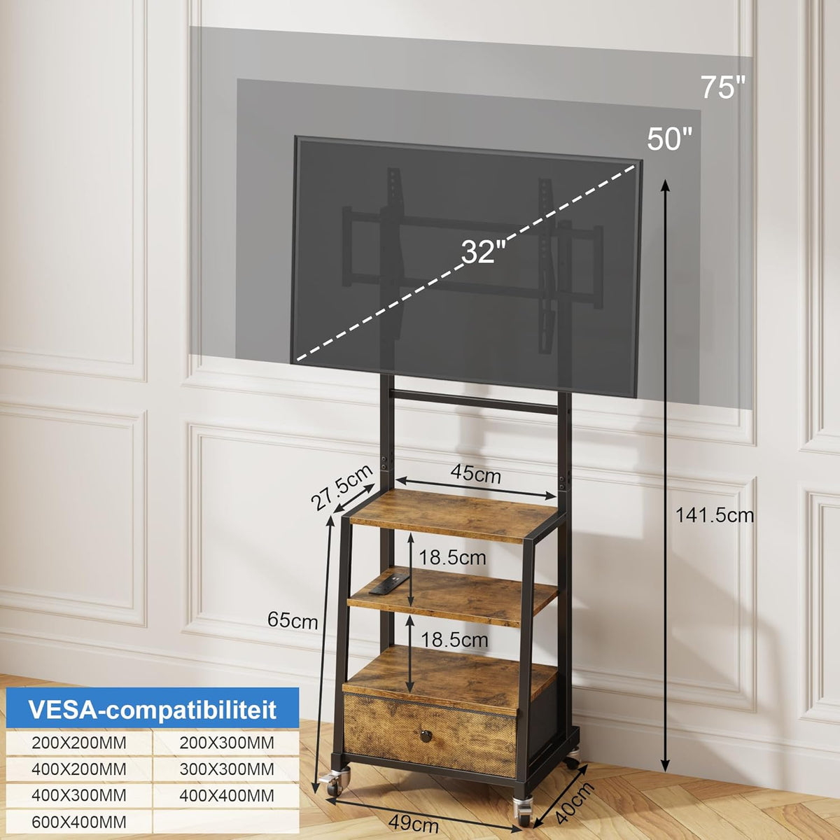 Verrijdbare TV Standaard met Beugel en Stopcontact – In Hoogte Verstelbaar TV Meubel met Lade, Geschikt voor 32–75 Inch TV's, Rustiek Houtlook