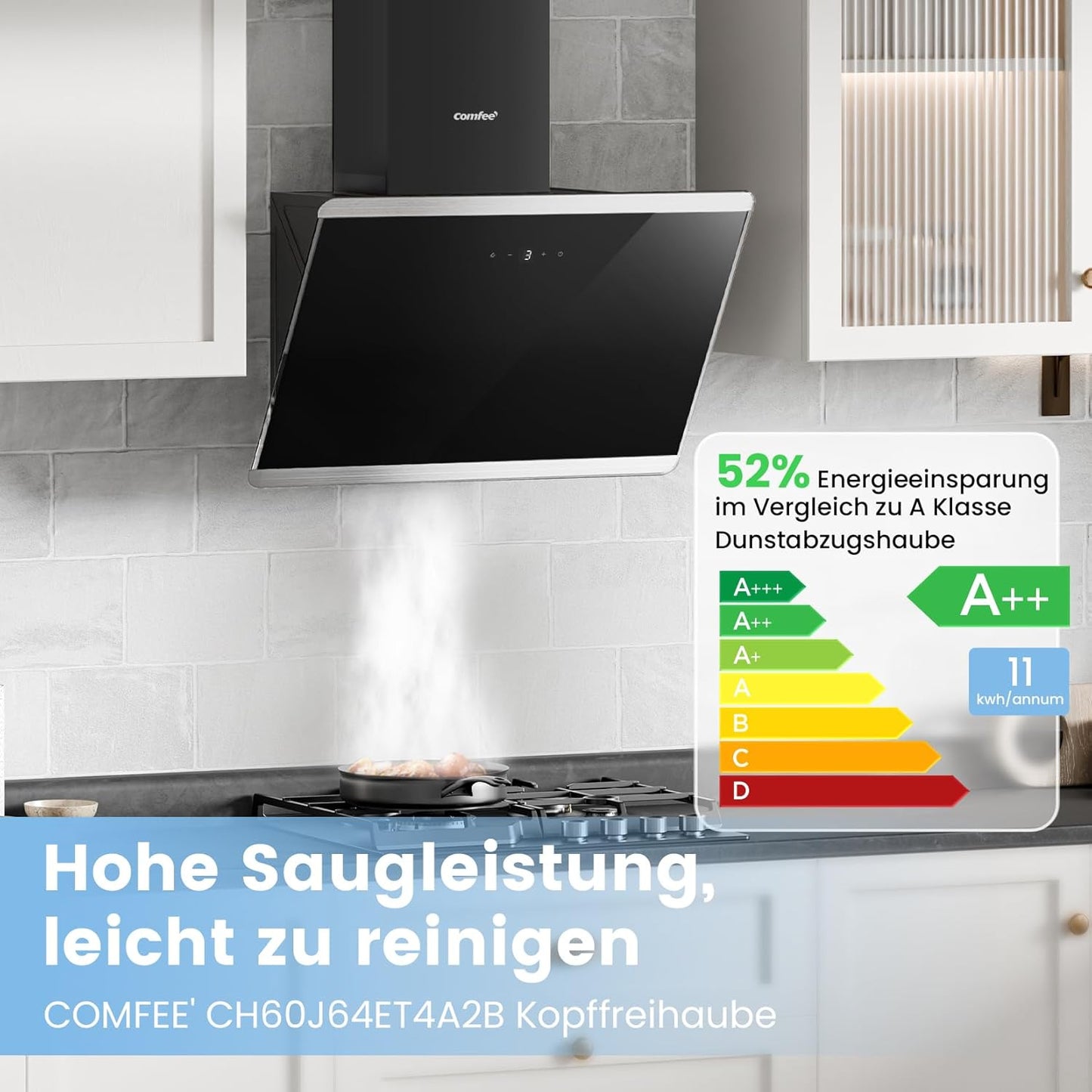 Afzuigkap 60 cm – Wandafzuigkap – Schouwkap – Dampkap – Keukenafzuigkap – Zwart Glas En RVS – 380 m³/u Luchtstroom – A++ BLDC-Motor