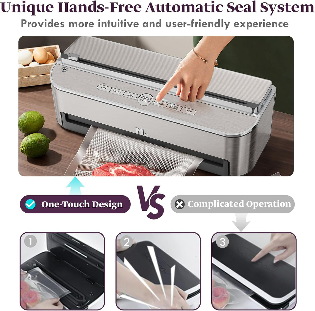 Mesliese 85 kPa 120 W vacuümapparaat, automatische voedselverzegelingsmachine, krachtig verzegelingssysteem, ingebouwd snijapparaat, zakopslag, 2 rollen zakken (Roestvrij staal)