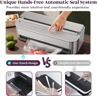 Mesliese 85 kPa 120 W vacuümapparaat, automatische voedselverzegelingsmachine, krachtig verzegelingssysteem, ingebouwd snijapparaat, zakopslag, 2 rollen zakken (Roestvrij staal)