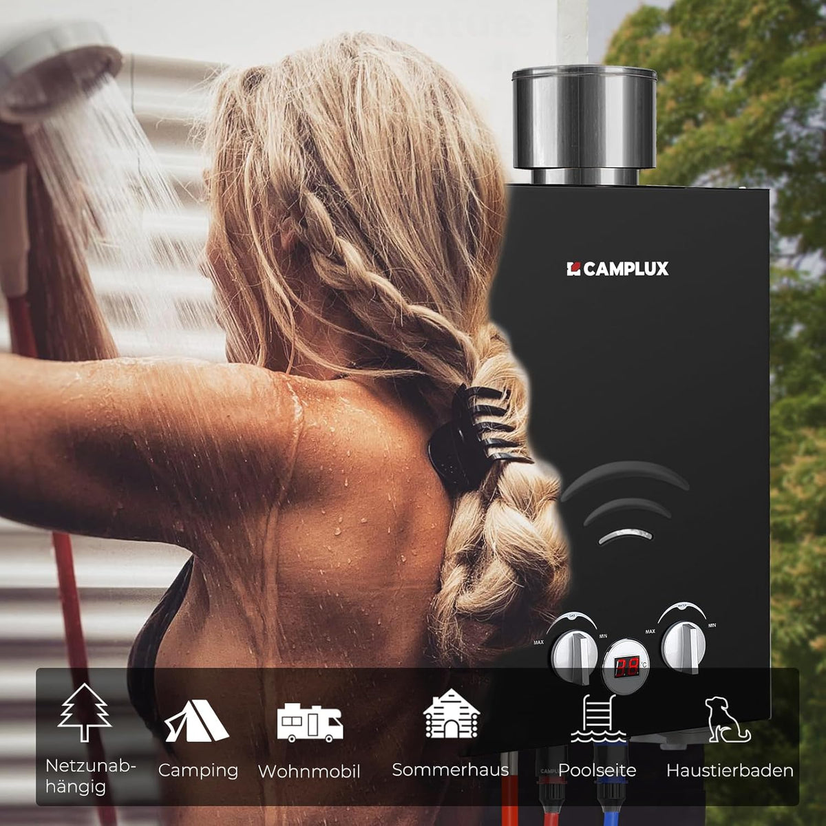 CAMPLUX BW158BC-DE Tankless Gas Boiler 6 Liter, voor Camping, RV, Wassen Paarden, LPG (50 mbar), 10 kW