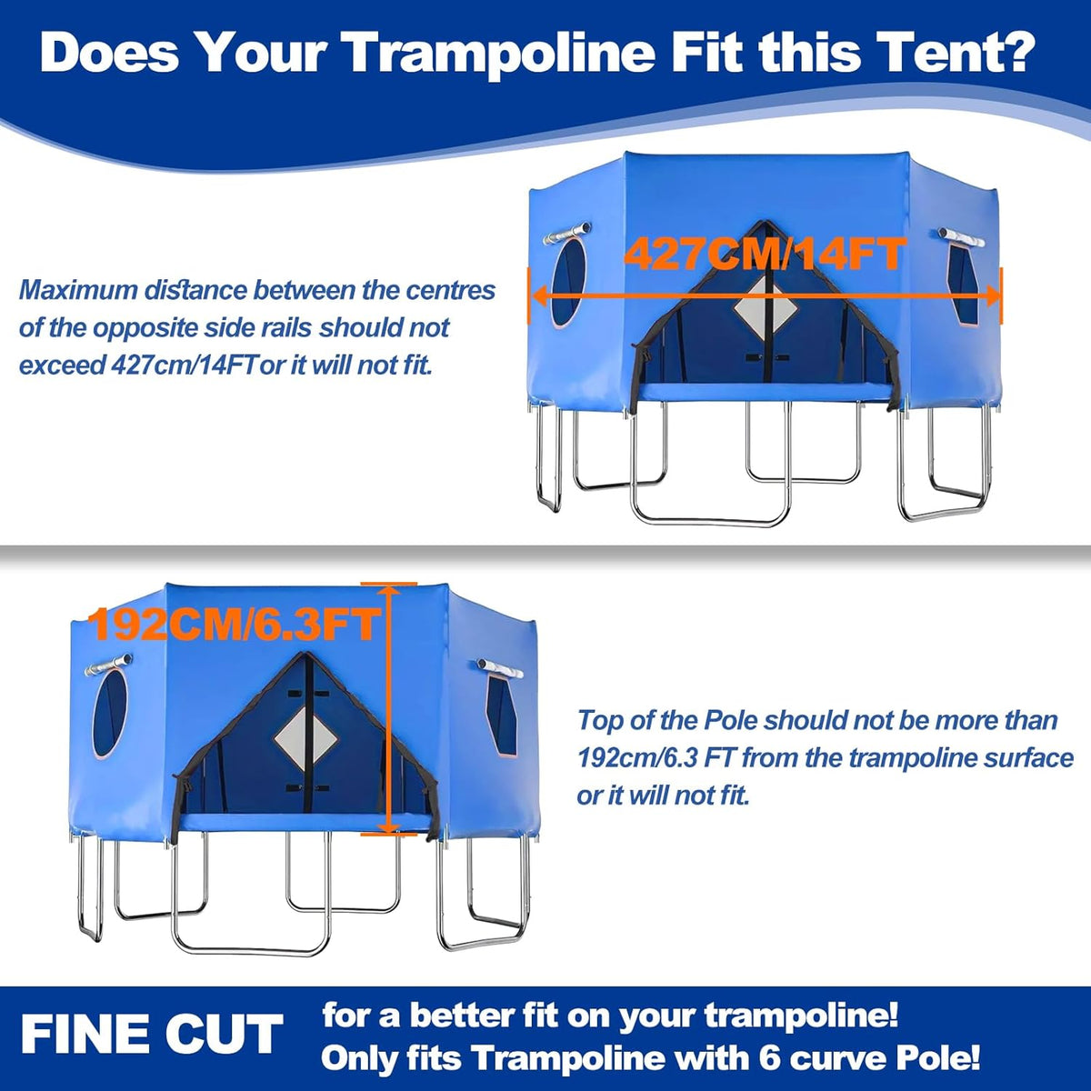 Trampoline Tent 427 cm Overkapping Afdekking, Trampoline Dak Accessoire voor Rechte Stangen met 6 Stangen, Bescherming tegen Zon en Wind, Geschikt voor Outdoor Gebruik (Blauw)