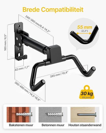 monTEK Fietswandhouder, inklapbare racefietswandhouder, 30 kg draagvermogen, fietshouder muur voor garage, 4 stuks