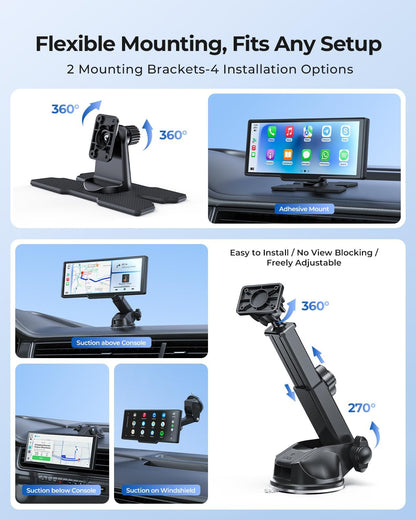 9.26" Draadloze Draagbare Car Play-scherm met 4K Voor- & HD Achter Dual Dash Cam voor Apple CarPlay & Android Auto met OTA Updates, Mirror Link, 5.0 Bluetooth, Spraakbediening, GPS Navigatie