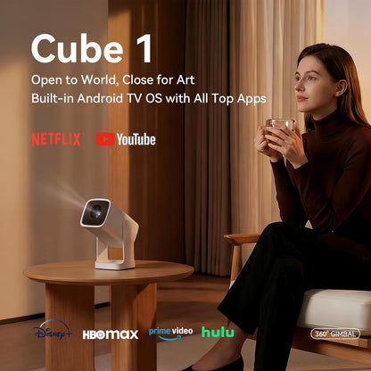 WANBO Cube 1 Mini Smart Beamer Android TV/Netflix, Live TV, Len Protection, 360° Rotable, 200 ISO Lumen, Auto Keystone, CEC, 2.4+5G WiFi Bluetooth, 28dB, 0,9Kg, Draagbare Projector met 8W Speaker