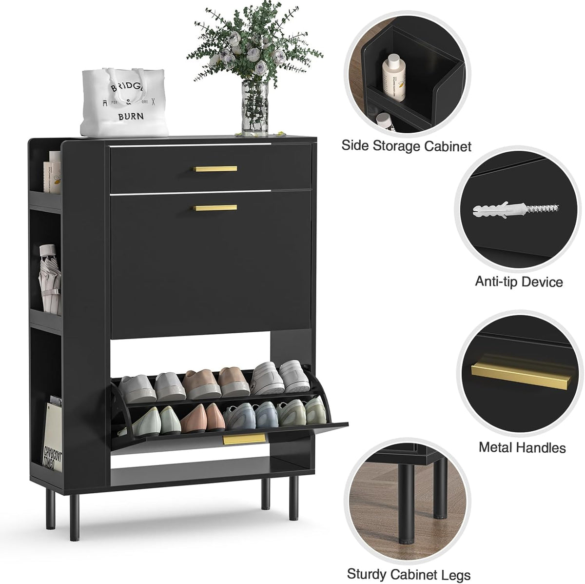 Schoenenkast – Schoenrek – Schoen opberger – Schoenenhouder – Schoenmeubel – Met Verstelbare Vakverdelers – Ruimtebesparend Ontwerp 75x24x105 cm – Rustiek Wit