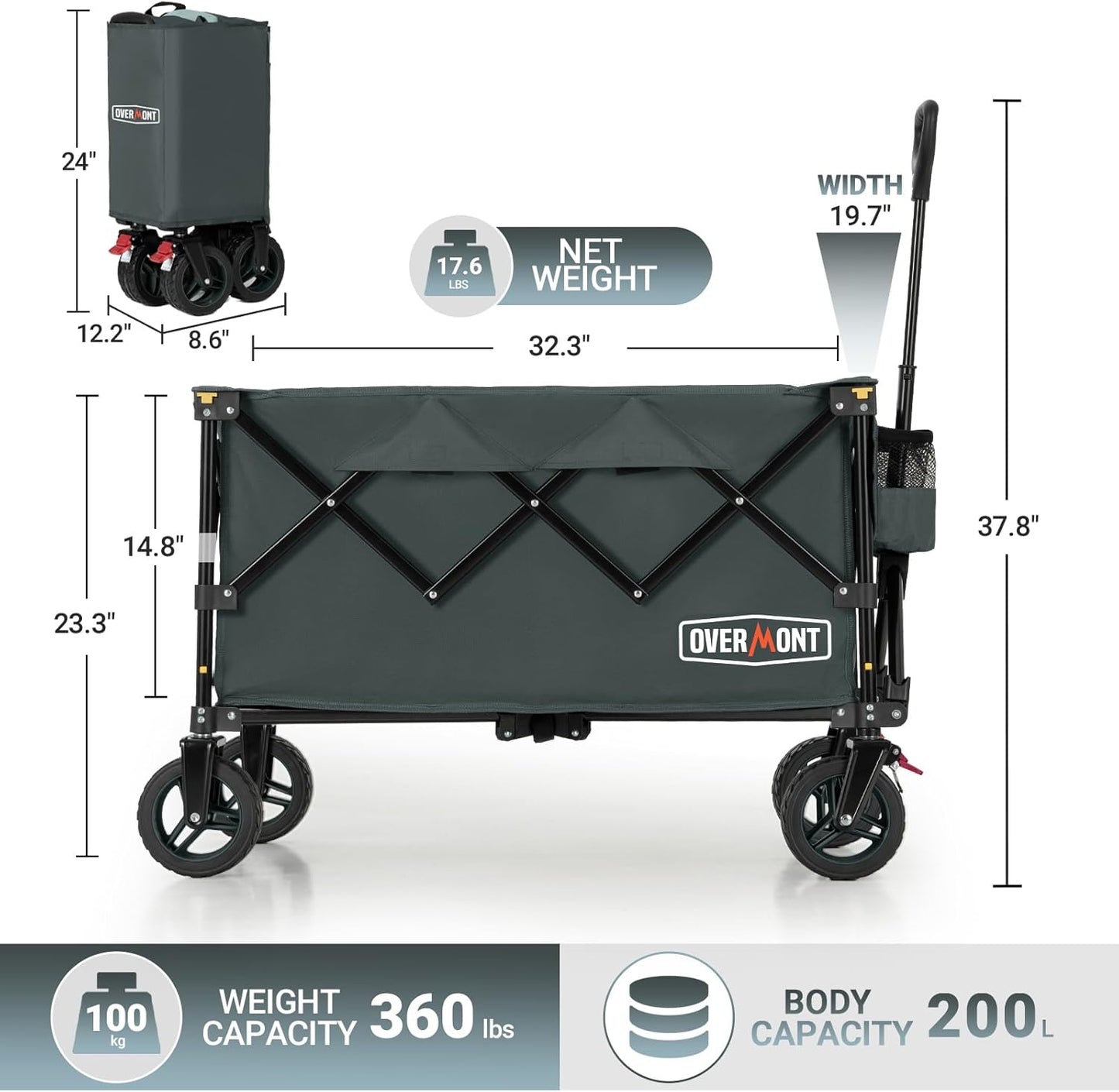 Overmont Opvouwbare festivaltrolley - 150 kg capaciteit opvouwbare wagen voor camping strand tuin picknick winkelen, zware kar met verstelbare handgreep en all-terrain wielen en rem, grijs