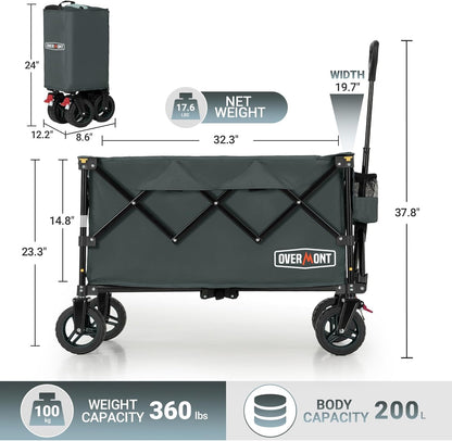 Overmont Opvouwbare festivaltrolley - 150 kg capaciteit opvouwbare wagen voor camping strand tuin picknick winkelen, zware kar met verstelbare handgreep en all-terrain wielen en rem, grijs