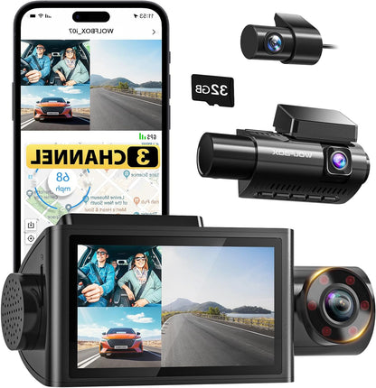 3-kanaals Dashcam – Auto Beeldrecorder – Video Camera – Rijcamera – GPS Dash Cam – 4K Frontcamera & IR Nachtzicht – 3 Inch LCD Scherm - QUORE