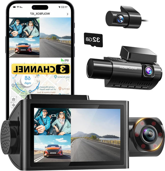 3-kanaals Dashcam – Auto Beeldrecorder – Video Camera – Rijcamera – GPS Dash Cam – 4K Frontcamera & IR Nachtzicht – 3 Inch LCD Scherm - QUORE