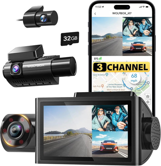 WOLFBOX i07 3-kanaals dashcam met ingebouwde WiFi GPS, 4K voor en binnen, 1440P+1080P+1080P drievoudige autocamera, 3 inch LCD-scherm, 32 GB kaart inbegrepen, IR nachtzicht, 24 uur