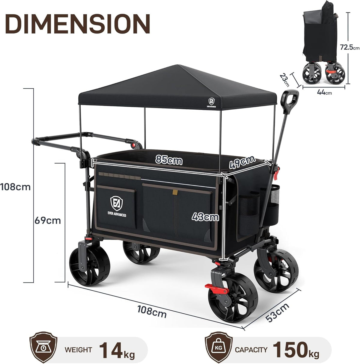 EVER ADVANCED 225L festivalwagen op wielen met afneembare luifel, 150 kg zware campingwagen, push & pull strandkar met 3 grote zakken, tuinvouwwagen vissen
