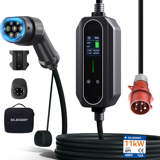 ELEGRP 11 kW mobiele Wallbox met type 2-oplaadkabel, driefasige oplader voor elektrische voertuigen, instelbaar van 6 tot 16 A, 6 m kabel, IP67 waterdicht, mobiel laadstation IEC 62196-2