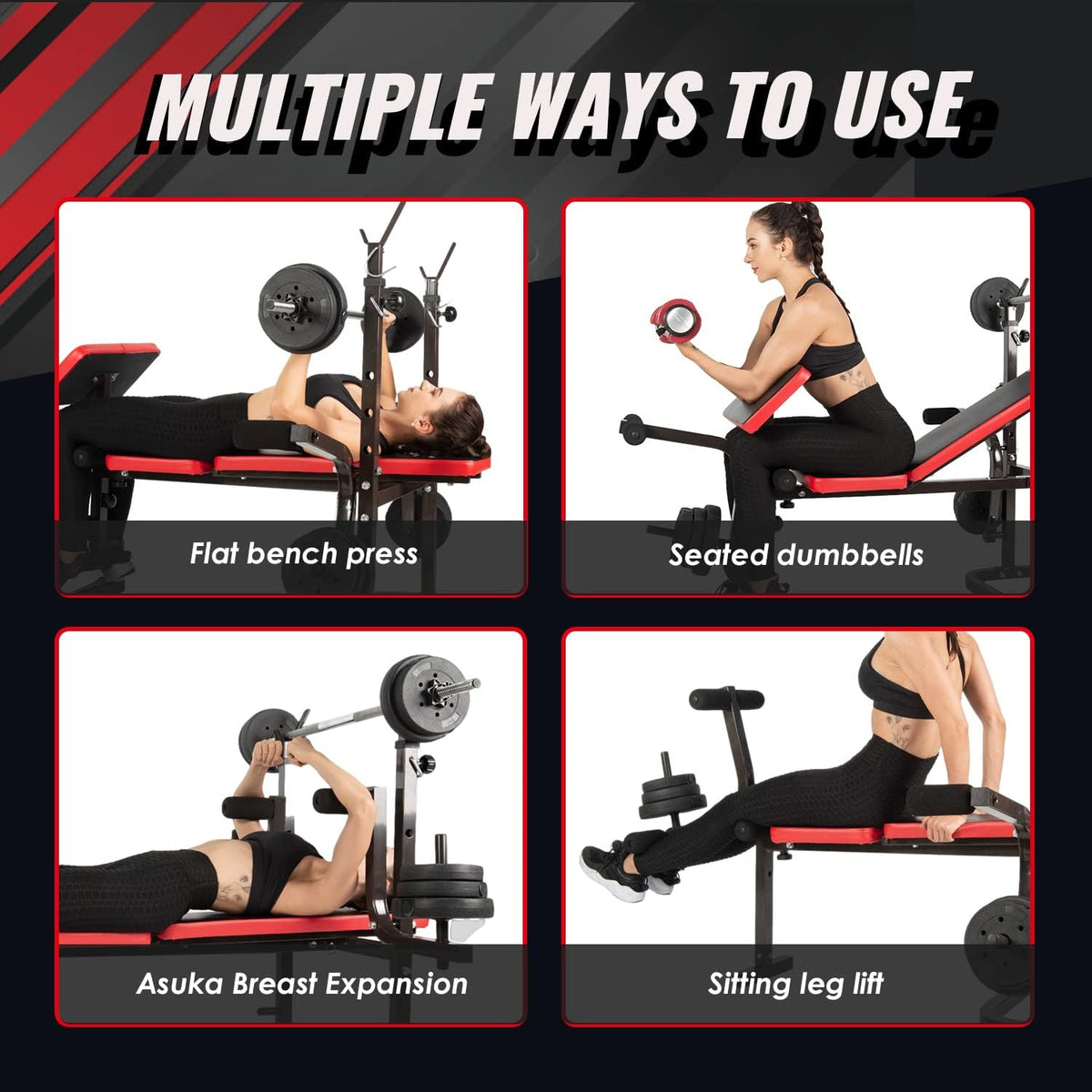 ISE Multifunctionele trainingsbank, halterbank, verstelbaar, inklapbaar, met beencurler, semi-professioneel, huishoudelijk fitnessapparaat voor kniebuigingen, bankdrukken, rompbuiging, belastbaar tot 120 kg - QUORE