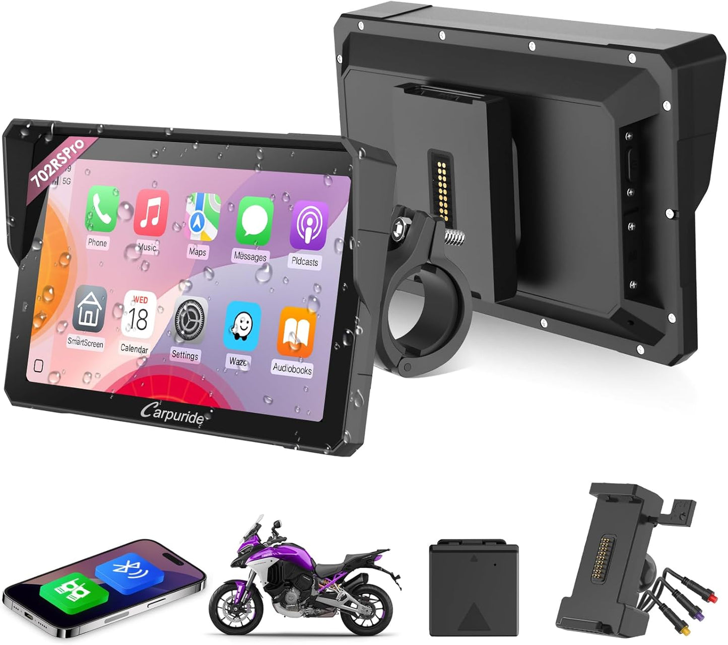CARPURIDE W702RS Pro Motorfiets Carplay Scherm met Radar BSD en BM05 Mount, Draadloze CarPlay & Android Auto, 7 inch Waterdicht Touchscreen, Intercom Functie, Dual Bluetooth, Wired Controller, Navi.