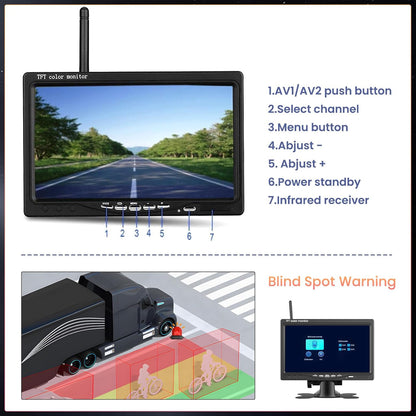 7 inch Draadloos Achteruitrijcamera Systeem – Achteruitrijcamera – Parkeercamera – Campercamera – Truckcamera – 2 Camera’s Met Split-Screen – IP67 Waterdicht & Nachtvisie – 12-24V - QUORE