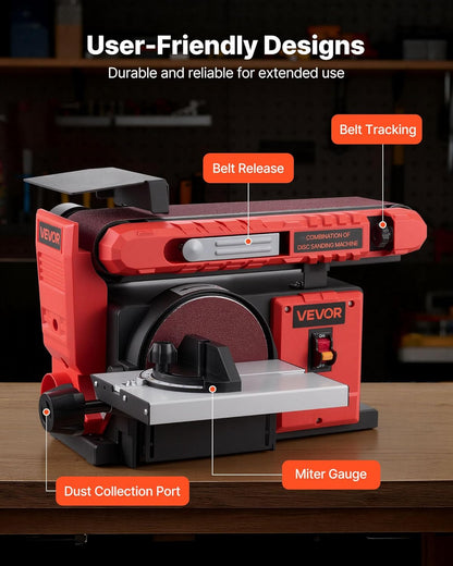 VEVOR 6 inch disc sander and 4 x 36 inch belt sander, 400 W professional pulley sander, combo with 0-45° adjustable work table and woodworking dust collection port