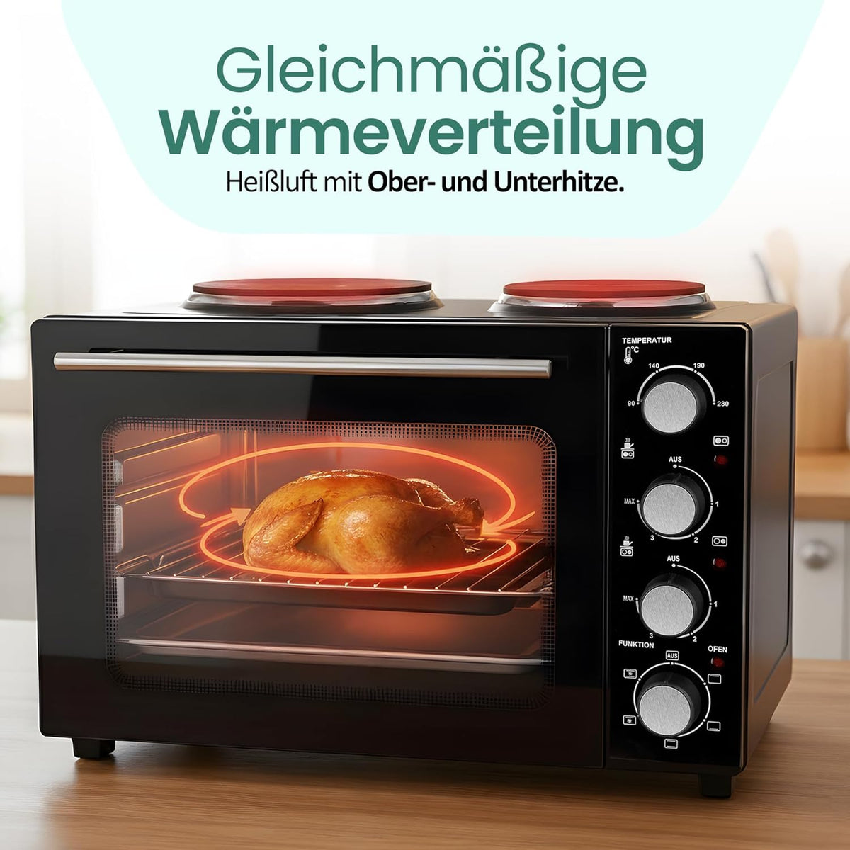 EMERIO MO-125236.4 Oven met 32 liter + 2 kookplaten | hete lucht + boven-/onderwarmte | timer + temperatuurregelaar | incl. bakplaat & grillrooster | compacte tafeloven voor pizza, broodjes