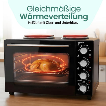 EMERIO MO-125236.4 Oven met 32 liter + 2 kookplaten | hete lucht + boven-/onderwarmte | timer + temperatuurregelaar | incl. bakplaat & grillrooster | compacte tafeloven voor pizza, broodjes