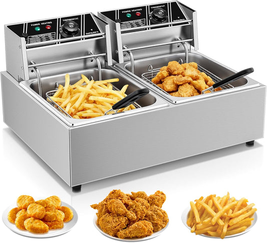 Friteuse – Frituurpan – Elektrische Frituurpan – Commerciële Friteuse – Dubbele Frituurmand – 21,6 Liter – Roestvrij Staal – 3400W – Instelbare Temperatuur 60-200°C