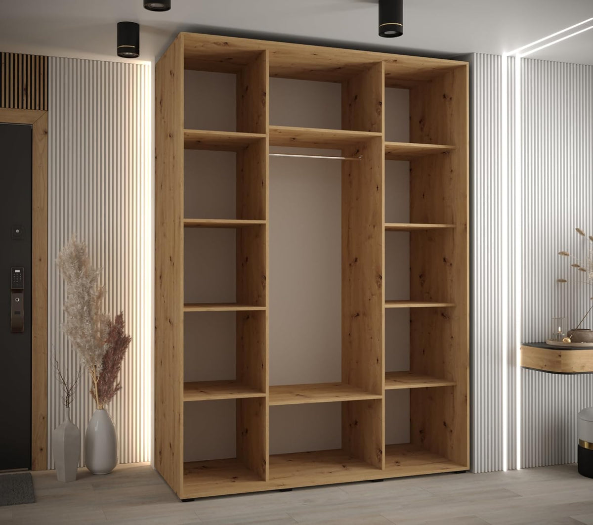 MEBLE KRYSPOL Lanko 2 Wardrobe with Three Sliding Doors with Mirror, Rod, Shelves - Modern Storage Cabinet for Bedroom, Living Room - 235x180x60cm - Craft Black - QUORE