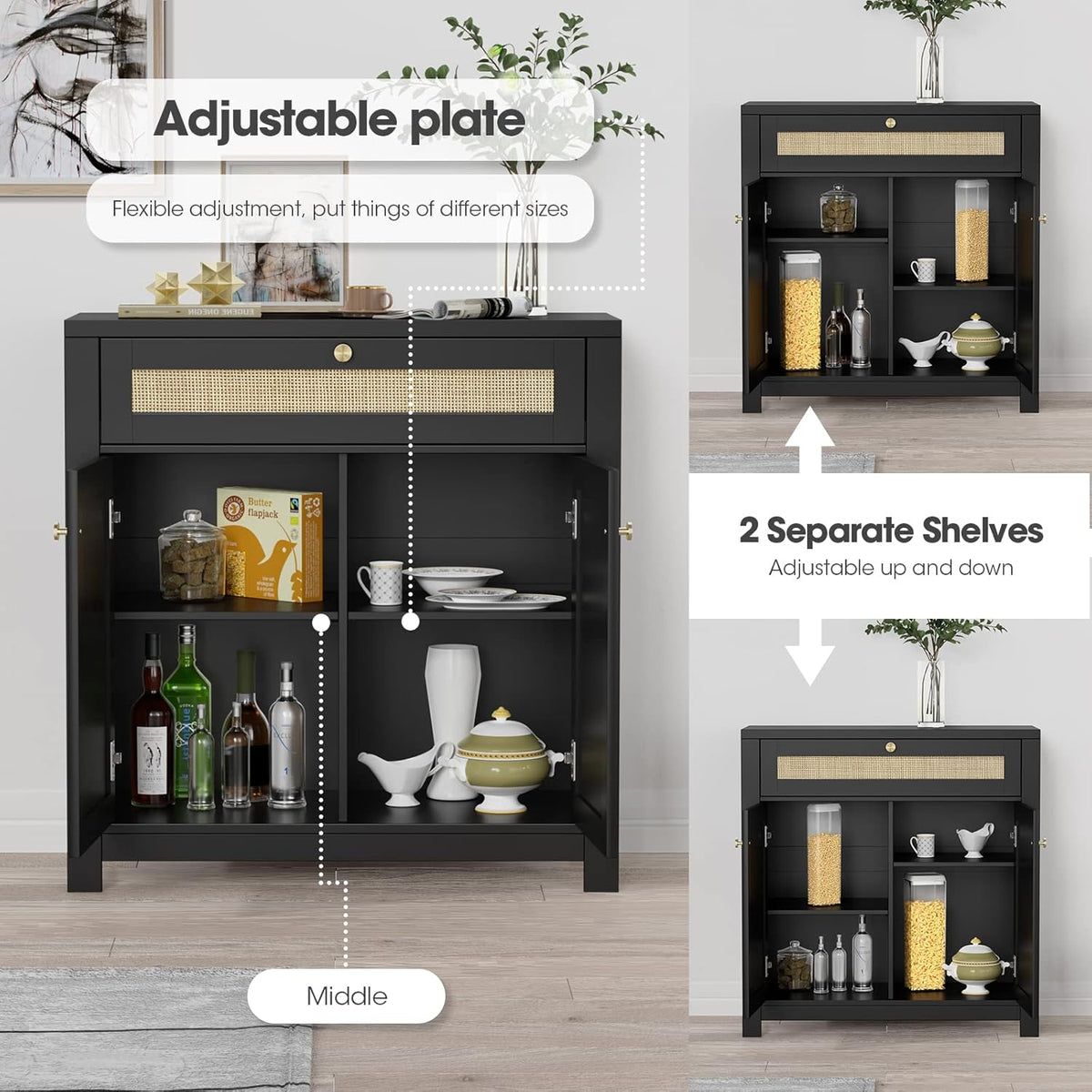 Opbergkast, staande kast met 2 rotandeuren, keuken accentkast met massief houten poten, buffetkast voor eetkamer, hal, entree, woonkamer, zwart
