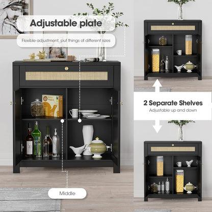 Opbergkast, staande kast met 2 rotandeuren, keuken accentkast met massief houten poten, buffetkast voor eetkamer, hal, entree, woonkamer, zwart