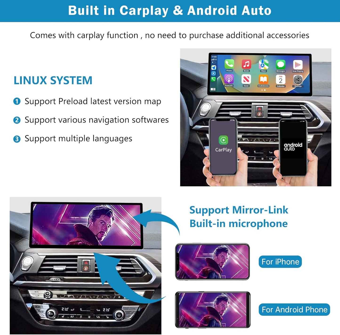 Autoradio 12,3 Inch Touchscreen – Navigatiesysteem – Multimedia Speler – Infotainment Scherm – Auto Headunit – Draadloze Apple CarPlay – Hoge Resolutie 1920x720 Pixels
