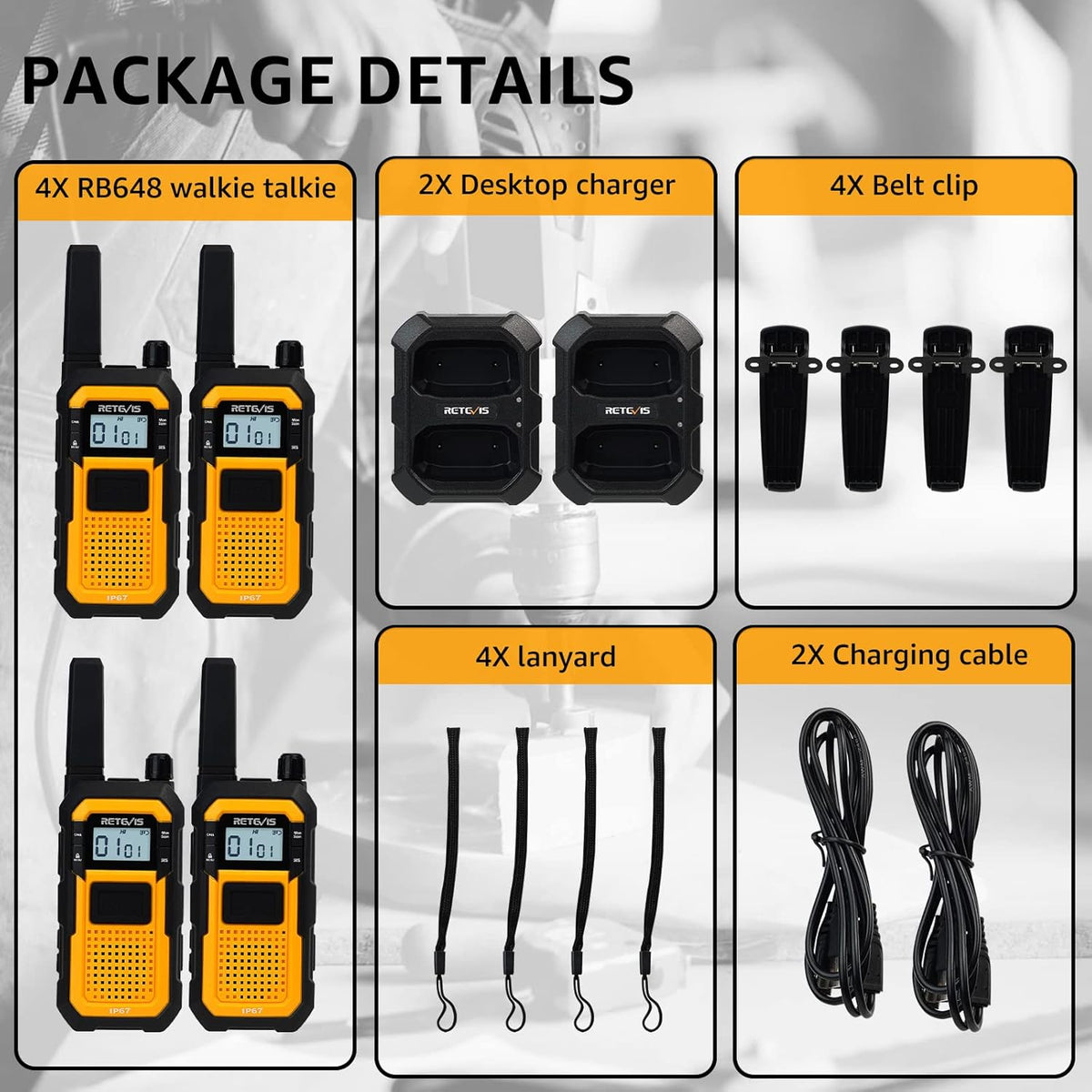 Retevis RB648 Heavy Duty Two Way Radio, Waterdicht Schokbestendig, Robuuste Walkie Talkies, Dual PTT, VOX, PMR446 Handheld Portofoon Oplaadbaar voor Aannemer (4 Stuks, Geel)