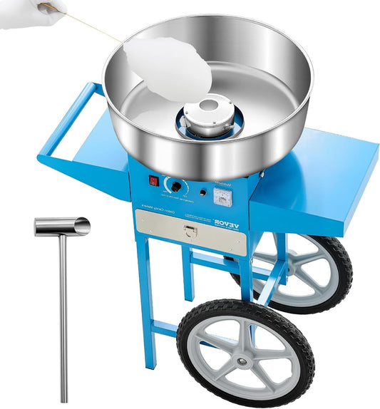 VEVOR Electric Cotton Candy Machine with Trolley 1000W Commercial Cotton Candy Machine with 52cm Stainless Steel Bowl, Sugar Spoon and Drawer, for Kids Birthday Parties, Blue - QUORE