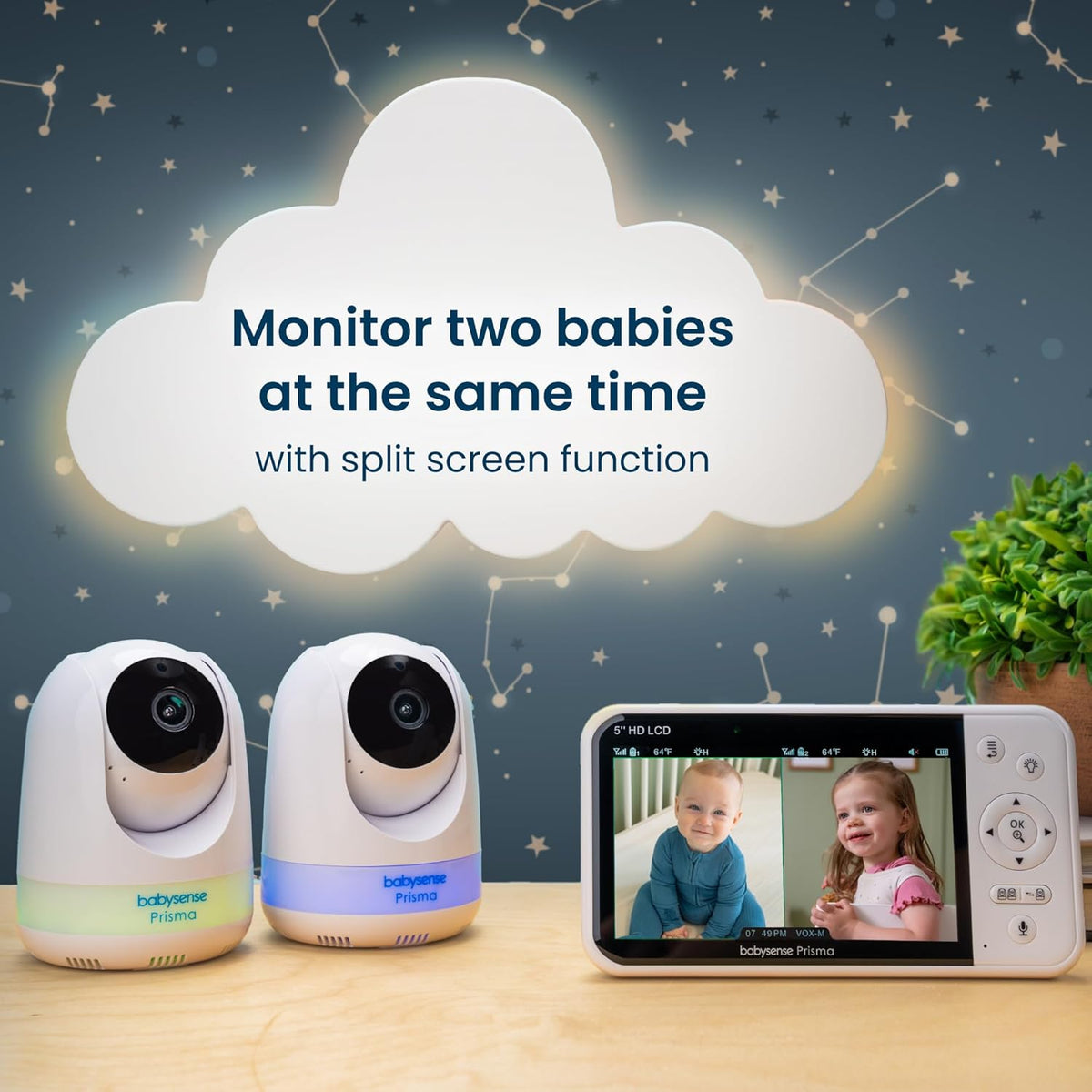 Babysense Prisma Babyfoon met camera en audio, 5 inch HD video babyfoon, 6 kleuren nachtlampje, gedeeld scherm, babygeluidsmachine met witte ruis en slaapliedjes, veilig zonder wifi